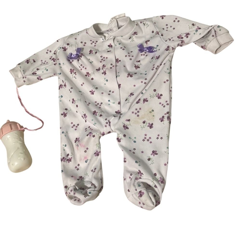 Vintage Baby Doll Floral Sleeper White Purple Flower Footed Outfit with Bottle